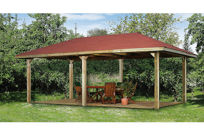 Image of Weka Gartenoase 651 B Gr.2 Sparset inkl. roten Dachschindeln (310 x 608 cm), holz natur bei JUMBO