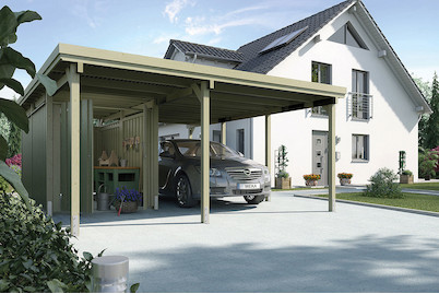 Image of Weka Carport 607 Gr.2 inkl. XL Geräteraum (579 x 478 cm), holz natur bei JUMBO