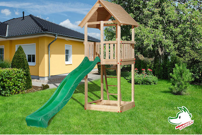 Image of Weka Tabaluga Drachenturm mit Satteldach Sparset inkl. Wellenwasserrutsche ca. 290cm + Sandkasten 100x124cm, holz natur bei JUMBO