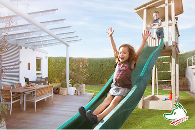 Image of Weka Tabaluga Drachenturm mit Pultdach Sparset inkl. Wellenwassertusche ca. 290cm + Sandkasten 82x100cm, holz natur bei JUMBO
