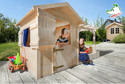 Image of Weka Tabaluga Spielplatz Kinder Spielhaus SET inkl. Drachenhöhle + Sandkasten + Pergola + Schatztruhe mit Deckel (122x275cm), holz natur bei JUMBO