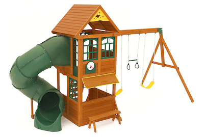 Image of KidKraft Kinder Spielanlage Spielturm Forest Ridge (Spielplatz mit 2 Schaukeln, Trapez, Sitzbank, Kletterwand und Leiter), holz bei JUMBO