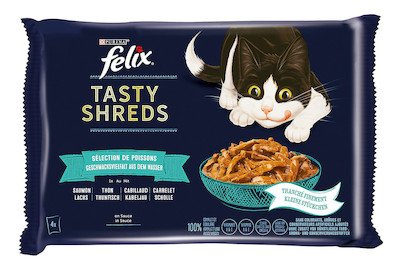 Image of Felix Tasty Shreds Katzenfutter in Sauce Fisch 4x80g bei JUMBO