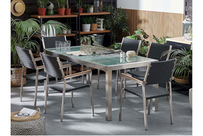 Image of Beliani Gartenmöbel Set Crashglas 180 x 90 cm 6-Sitzer Stühle Rattan schwarz Grosseto bei JUMBO