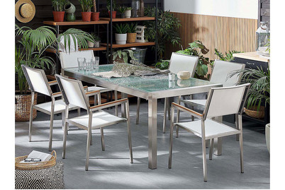 Image of Beliani Gartenmöbel Set Crashglas 180 x 90 cm 6-Sitzer Stühle Textilbespannung weiss Grosseto bei JUMBO