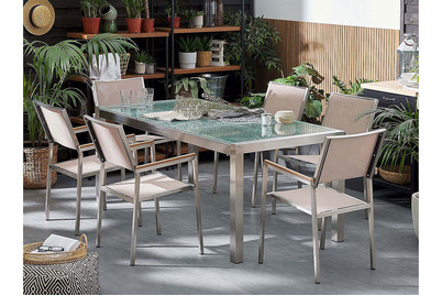 Image of Beliani Gartenmöbel Set Crashglas 180 x 90 cm 6-Sitzer Stühle Textilbespannung beige Grosseto bei JUMBO