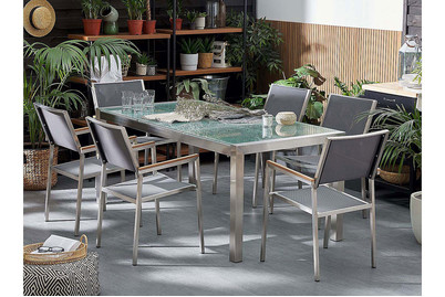 Image of Beliani Gartenmöbel Set Crashglas 180 x 90 cm 6-Sitzer Stühle Textilbespannung grau Grosseto bei JUMBO