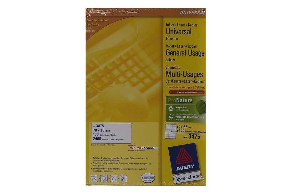 Avery zweckform 3475 universal etiketten a4 70 x 36 mm 100 bogen weiss