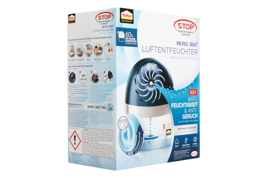 Pattex AERO 360º Déshumidificateur d'air ambiant rechargeable,  ultra-absorbant, aide à éviter la condensation, les odeurs de moisissure et  de pourriture, 1 appareil y compris 1 recharge de 450 g : : Cuisine