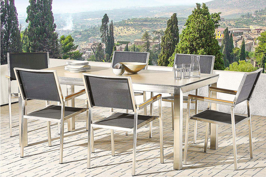 Beliani Gartenmöbel Set Holzoptik 180 cm 6Sitzer Textilbespannung