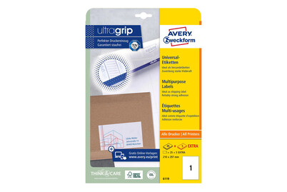 Image of Avery Zweckform 6119 Universal-Etiketten, A4 mit ultragrip, 210 x 297 mm, 30 Blatt