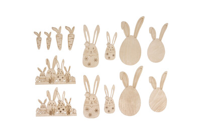 Bois plaqué Lapin de Pâques&Amis, 3,9-8,8cm, 1mm épais, sct.-LS 14pces