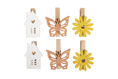 Image of Holzklammern Blume Haus Schmetterling, 2,5x3,5cm, sortiert, SB-Btl. 6Stück