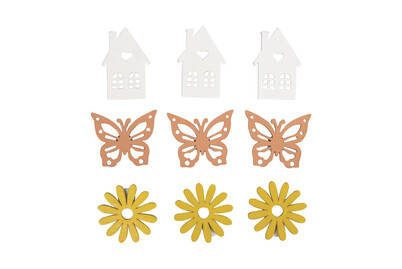 Image of Holz Streuteile Blume Haus Schmetterling, 3,4-4,5cm,+Klebepkt,sort, SB-Btl. 9Stück