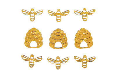 Image of Holz-Streuteile Bienen+Bienenkorb, 3cm, m. Klebepunkt,sort., SB-Btl. 9Stück