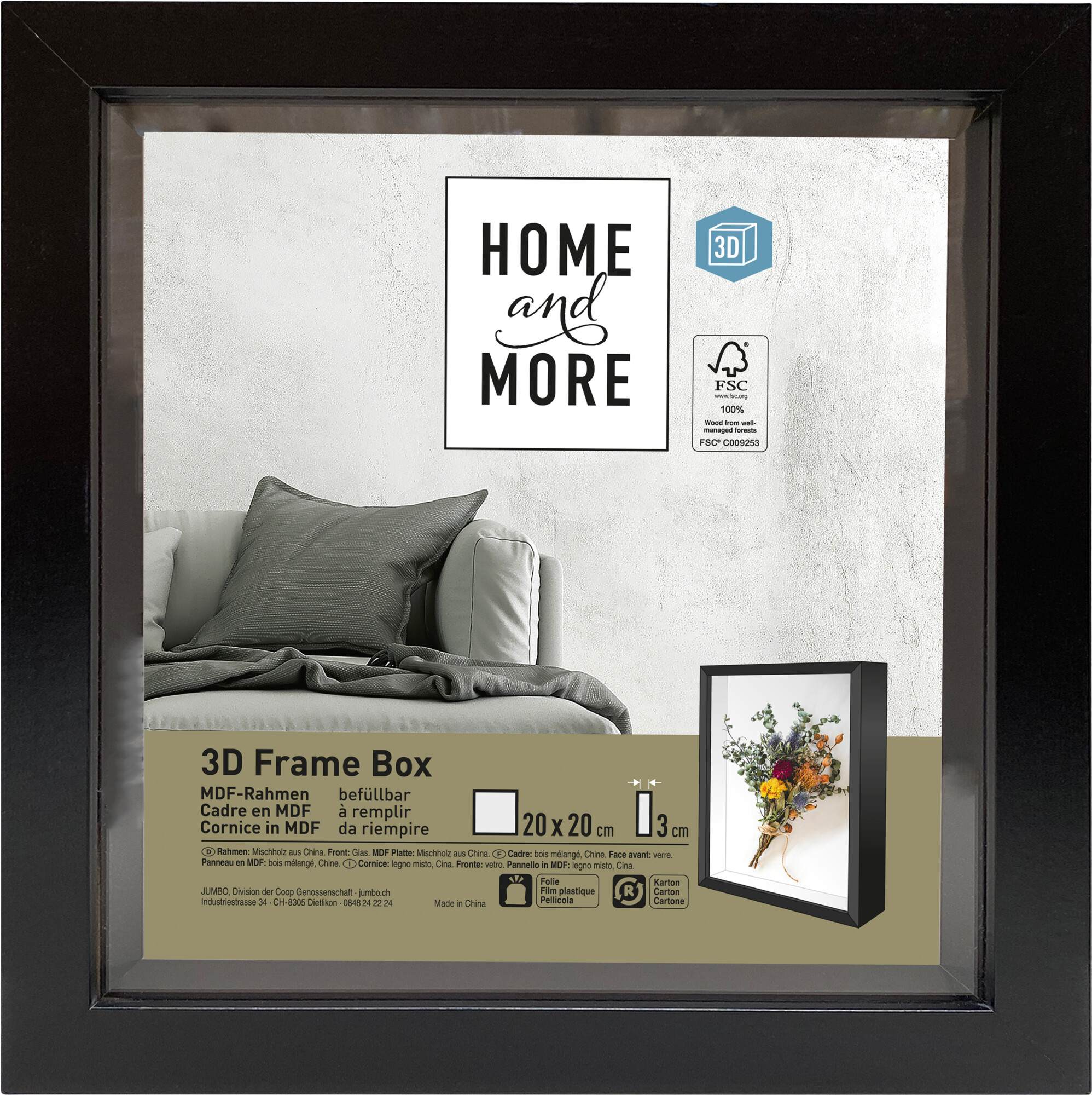 Home and More Cadre photo 3D Frame Box | 20 x 20cm | Noir | MDF