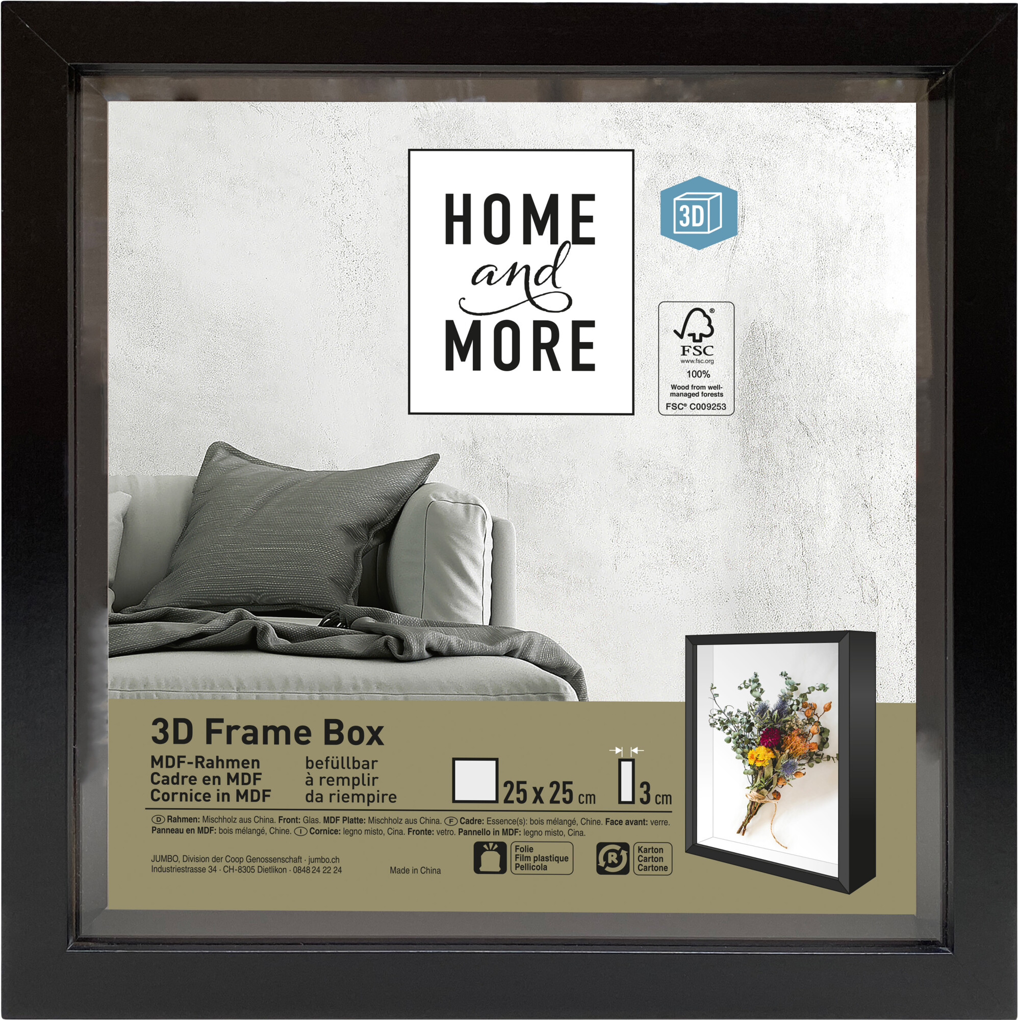 Home and More Cornice per foto 3D Frame Box | 20 x 20cm | Nero | MDF