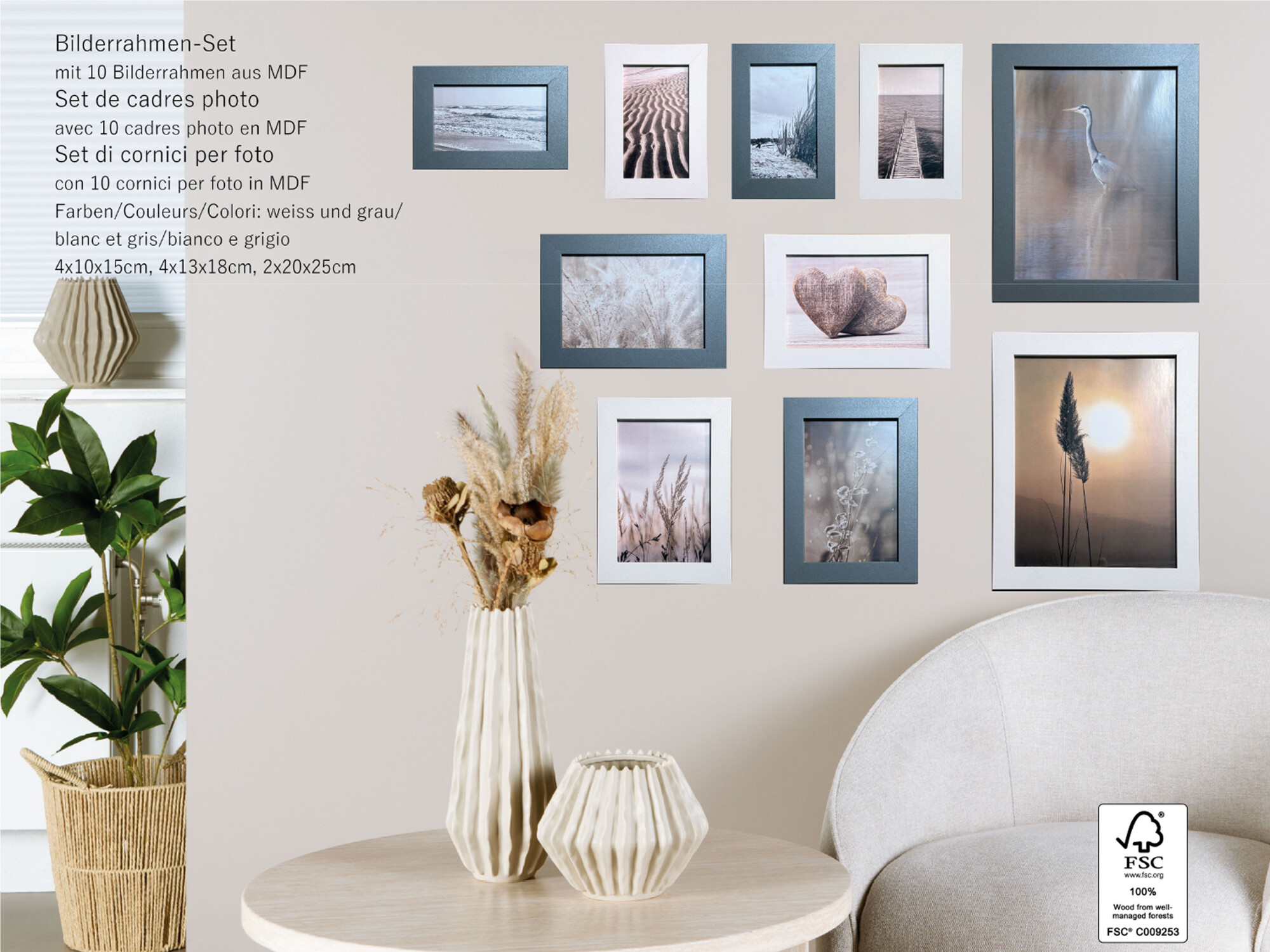 Home and More Set di cornici per foto | 10 x 15 cm | bianco, grigio | MDF
